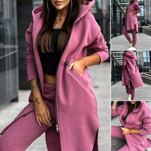 Damen nan lange Sweat-Kapuzenjacke mit Zweiwege-Reißverschluss, Tunnelzug-Taille, Eingrifftaschen und Seitenschlitzen Drune