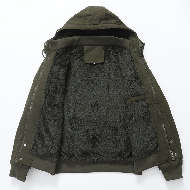 Herren Arbeitsjacke aus Canvas mit Teddy-Innenfutter, Kapuze und Utility-Taschen Drune