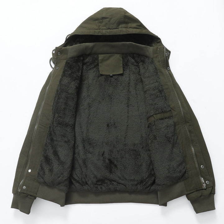 Herren Arbeitsjacke aus Canvas mit Teddy-Innenfutter, Kapuze und Utility-Taschen Drune
