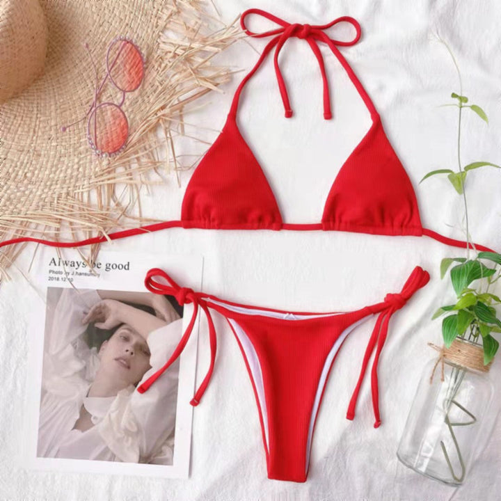 Damen Triangel-Bikini mit verstellbaren Bindebändern und Rippstrick Drune