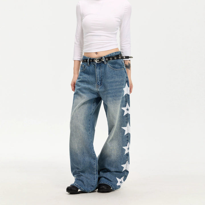Damen Modische Weitgeschnittene Jeans mit Sternen-Design Drune