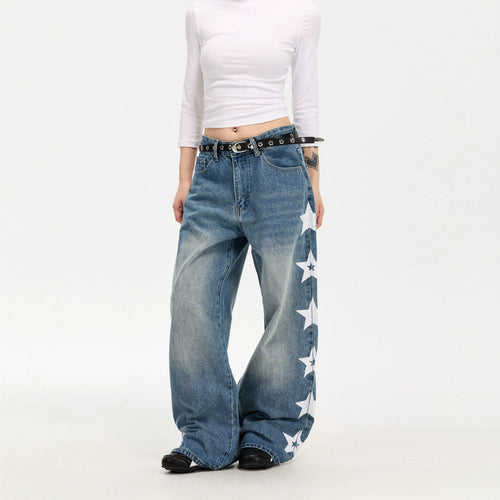 Damen Modische Weitgeschnittene Jeans mit Sternen-Design Drune