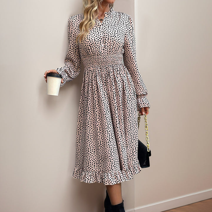 Damen Midikleid mit Smock-Taillenbund, Knopfleiste, Stehkragen und Volantrock Drune