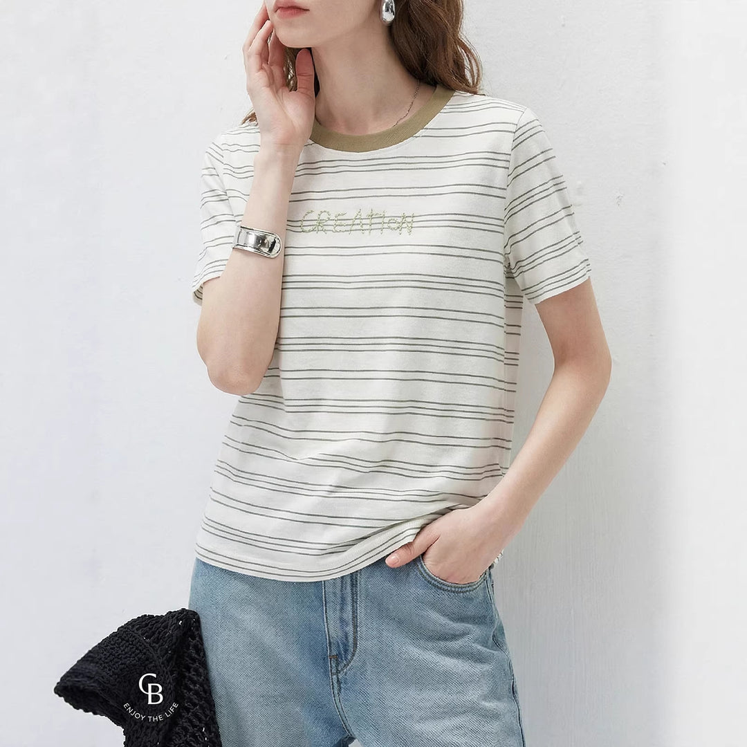 Damen Modernes Streifen-Shirt mit Rundhalsausschnitt Drune