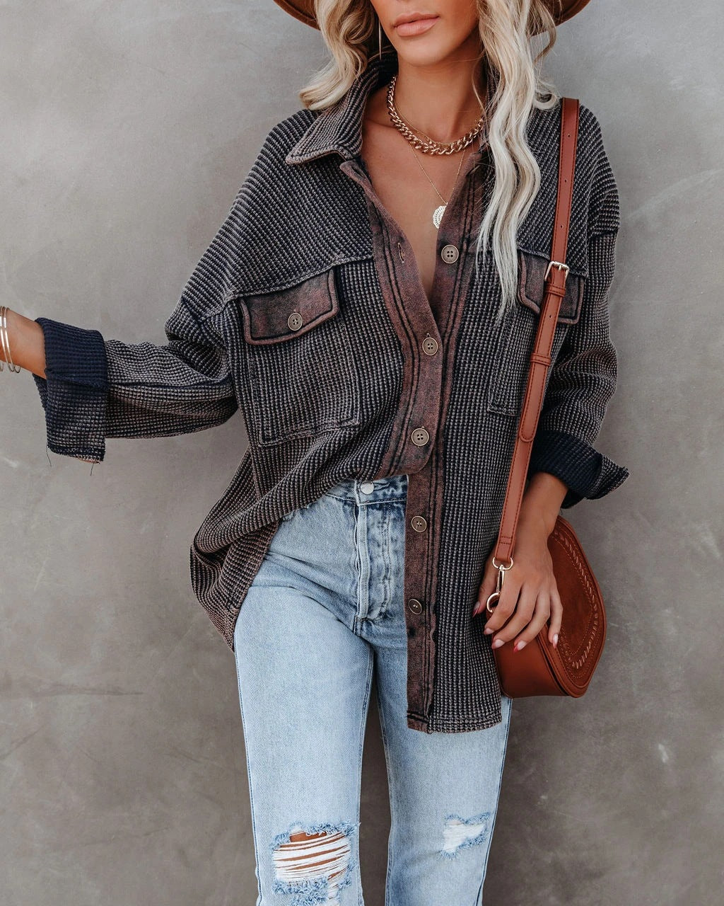 Damen lässige Overshirtjacke mit strukturiertem Design und praktischen Taschen Drune