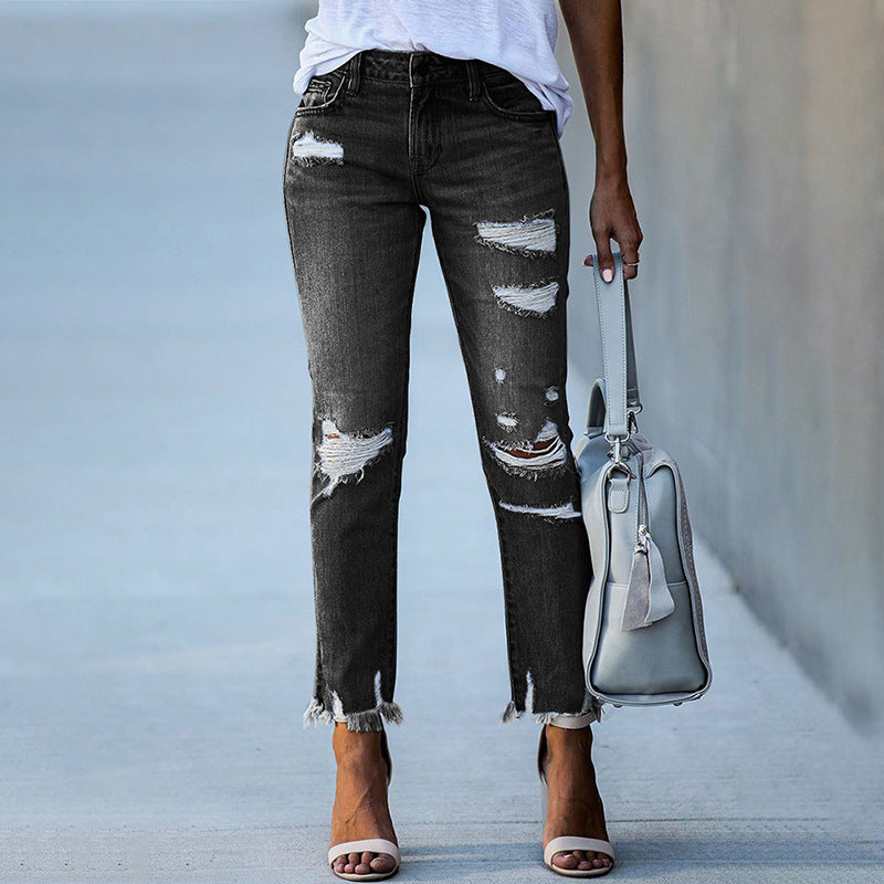 Damen modische Ripped Jeans mit fransigem Saum und hohem Bund Drune