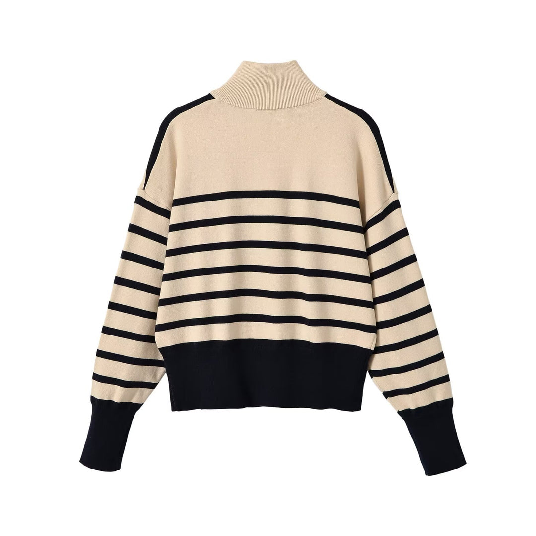 Damen Gestreifter Grobstrickpullover mit halbem Reißverschluss Drune