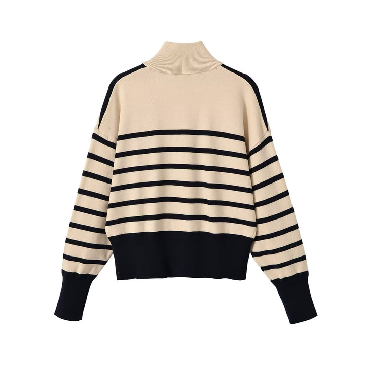 Damen Gestreifter Grobstrickpullover mit halbem Reißverschluss Drune