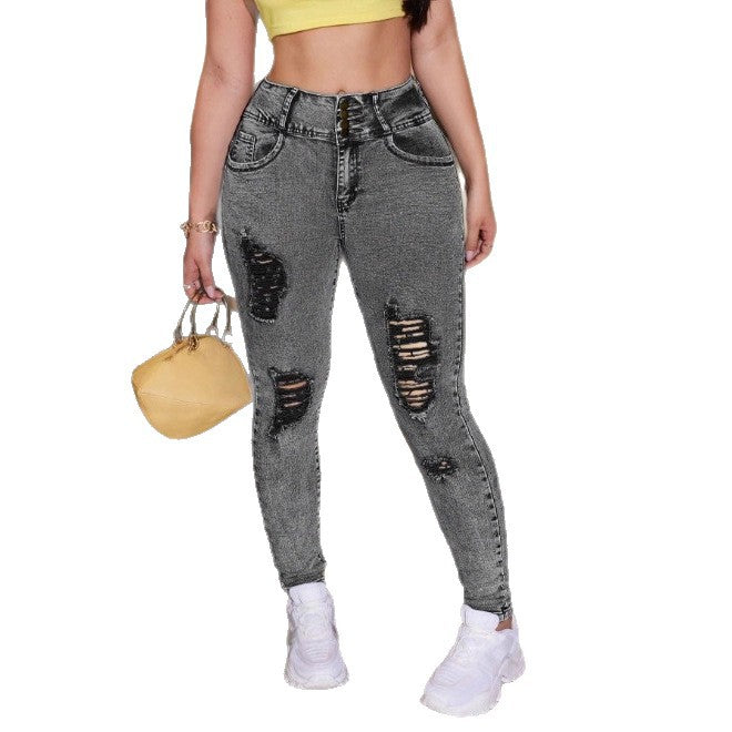 Damen Hochgeschnittene Sculpting-Skinny-Jeans mit taillenformendem Mehrfachknopf und gezieltem Distressed-Look Drune