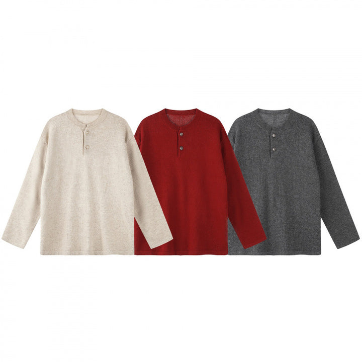 Unisex Oversize-Strickpullover mit Henley-Knopfleiste, geradem Saum und leichter Struktur Drune