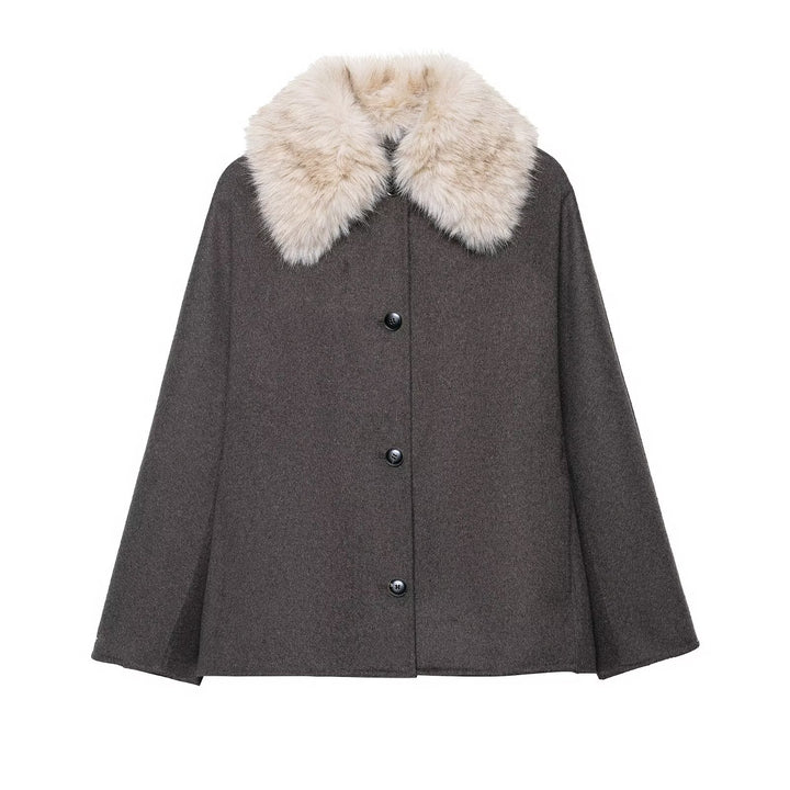 Damen 300+ gefütterter Wollmix‑Cape‑Mantel mit abnehmbarem Kunstfellkragen Drune