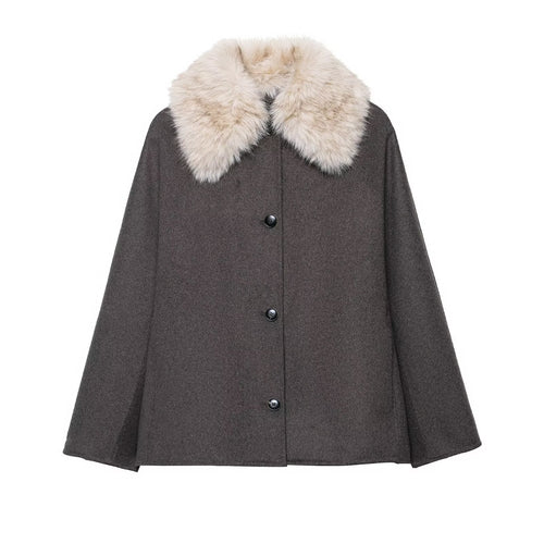 Damen 300+ gefütterter Wollmix‑Cape‑Mantel mit abnehmbarem Kunstfellkragen Drune
