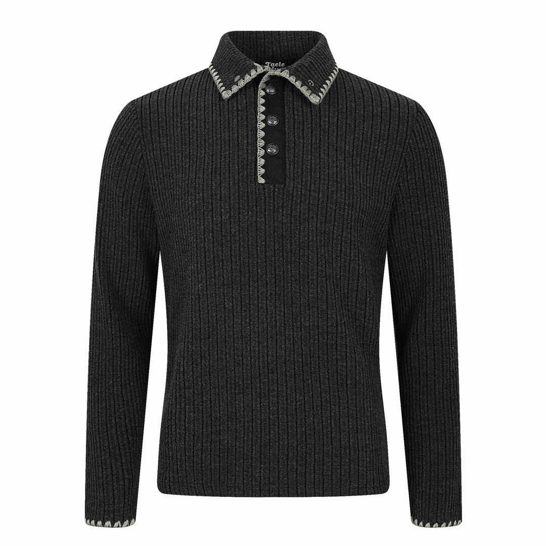 Herren Gerippter Polokragen-Pullover mit Ziernaht und Knopfleiste Drune