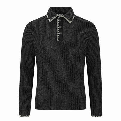 Herren Gerippter Polokragen-Pullover mit Ziernaht und Knopfleiste Drune