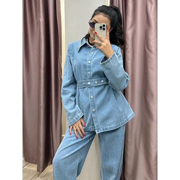 Damen Denim-Blazer-Set im Vintage-Stil mit Taillengürtel Drune