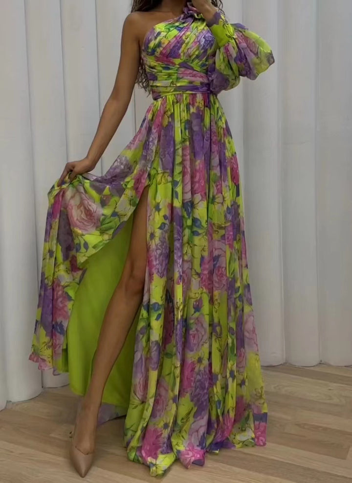 Damen Maxikleid mit asymmetrischem Träger und elegantem Floral-Design Drune
