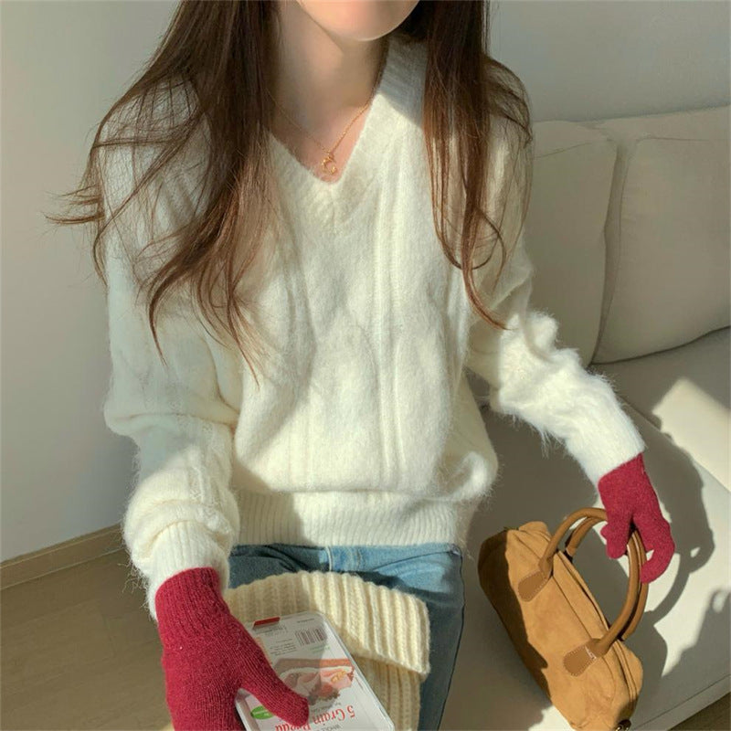 Damen kuscheliger Strickpullover mit V-Ausschnitt und Zopfmuster Drune
