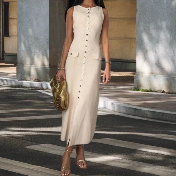 Damen Strickmaxikleid mit Knopfleiste und seitlichen Schlitzen Drune