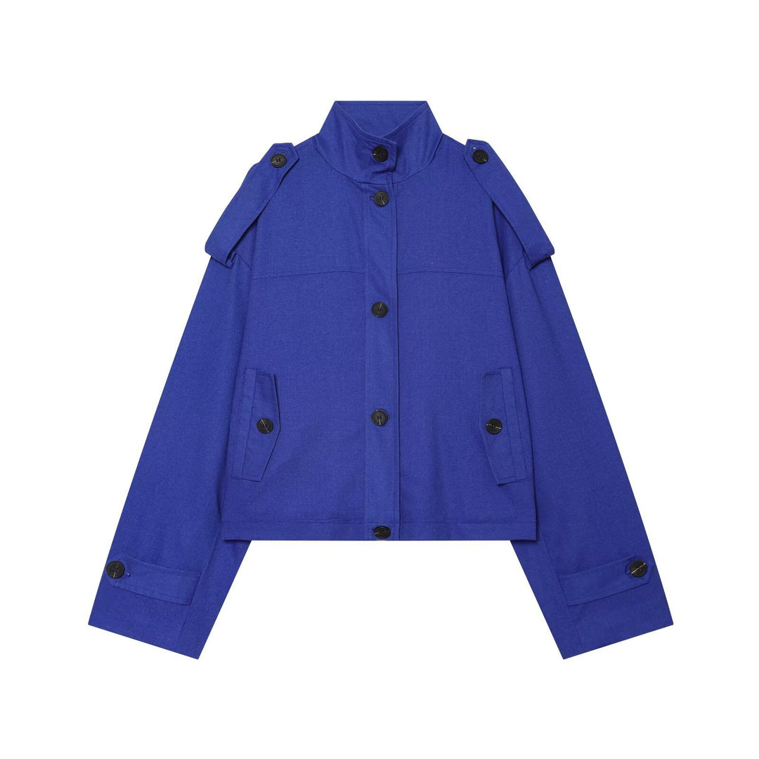 Damen Kurzjacke mit Stehkragen, Schulterriegeln und Knopfverschluss Drune