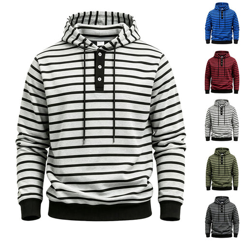 Herren Gestreifter Kapuzenpullover mit Henley‑Knopfleiste, Kordelzug und Rippbündchen Drune