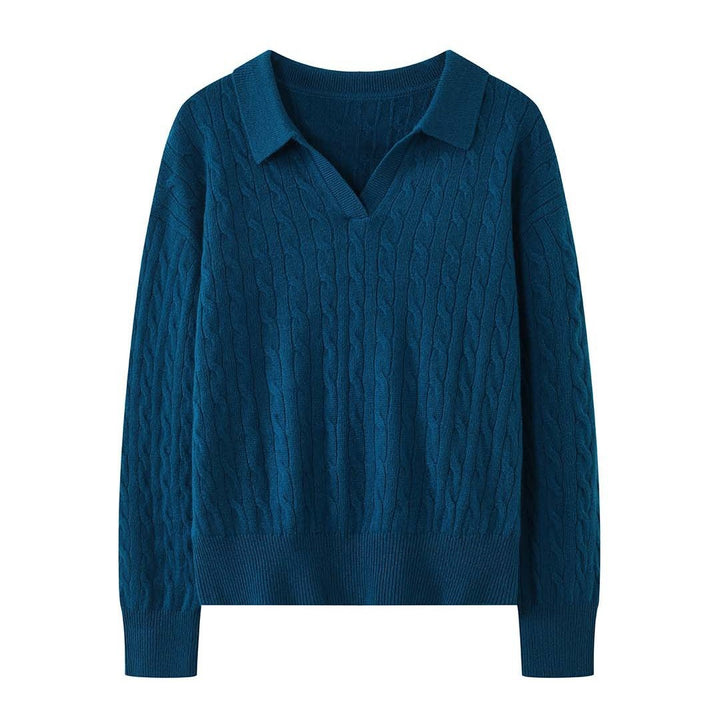 Damen Strickpullover mit Polokragen, V-Ausschnitt und Zopfmuster Drune
