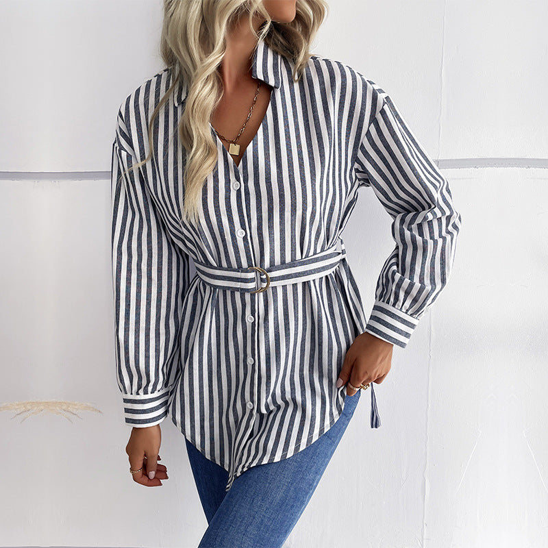 Damen Gestreifte Longbluse mit D‑Ring-Taillengürtel und Hemdkragen Drune