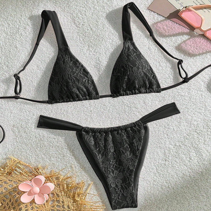 Damen Triangel-Bikini mit floralem Spandex-Muster und verstellbaren Trägern Drune