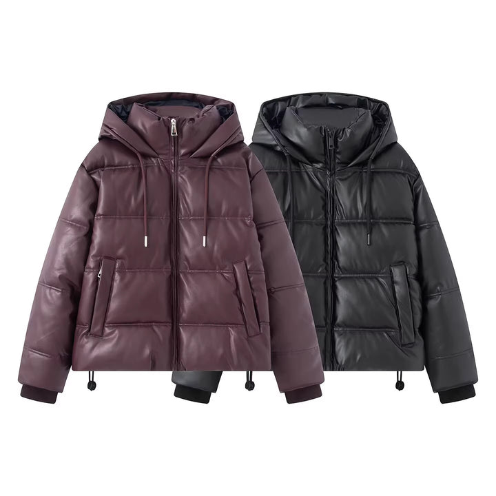 Damen Kurz gesteppte Kunstleder-Pufferjacke mit Kapuze, Tunnelzug und seitlichen Eingrifftaschen Drune
