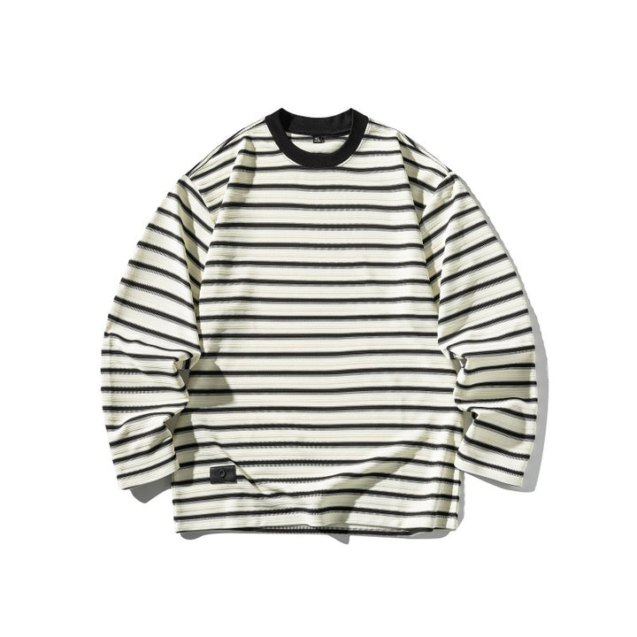 Unisex Gestreiftes Oversize-Langarmshirt aus Baumwollmix mit geripptem Rundhals Drune