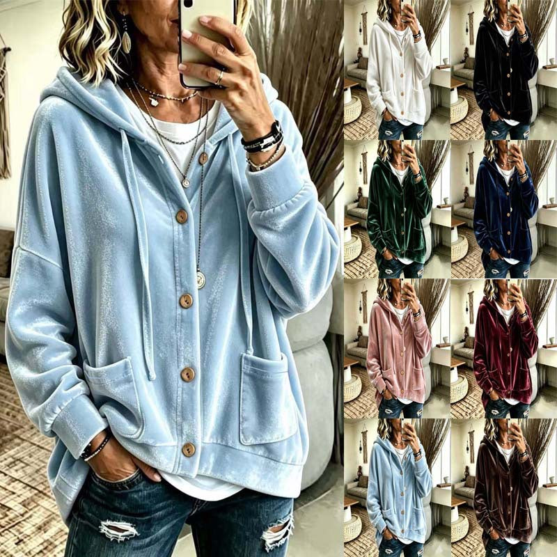 Damen Oversize Kapuzen-Samtjacke mit Knopfleiste und aufgesetzten Taschen Drune