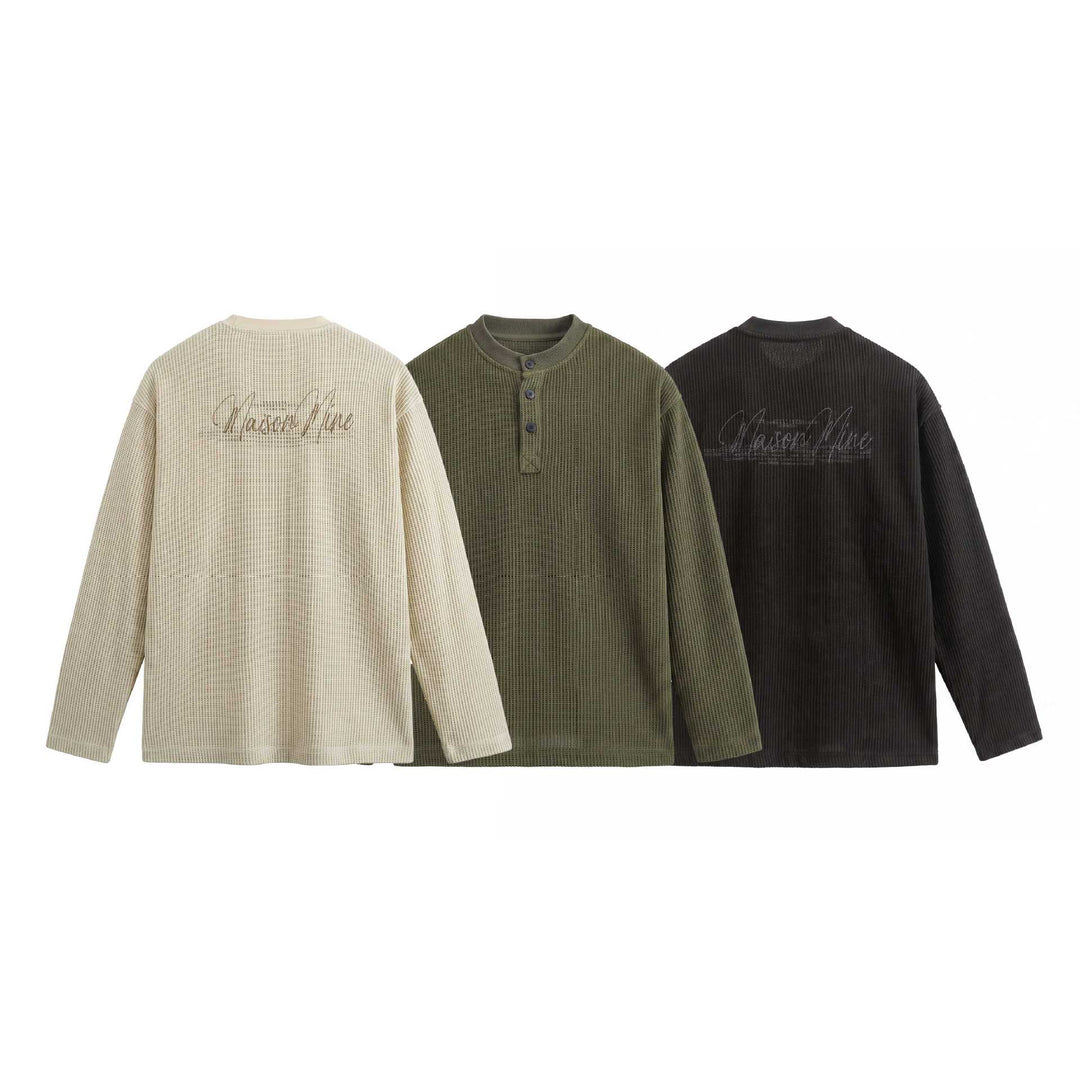 Herren Waffelstrick-Henley mit Stehkragen und dreifacher Knopfleiste Drune