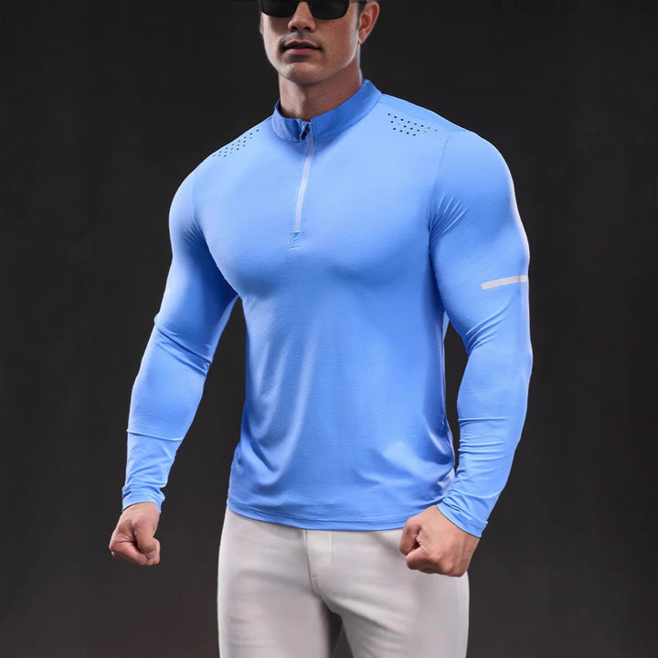 Herren Atmungsaktives Longsleeve Trainingsshirt mit Stehkragen und Kurz-Reißverschluss Drune