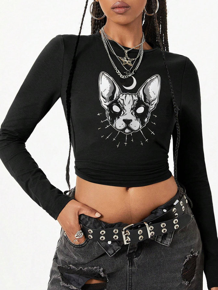 Damen nan figurbetontes langärmeliges Cropped-Shirt mit fotorealistischer Lippen-Collage und schmaler Passform Drune