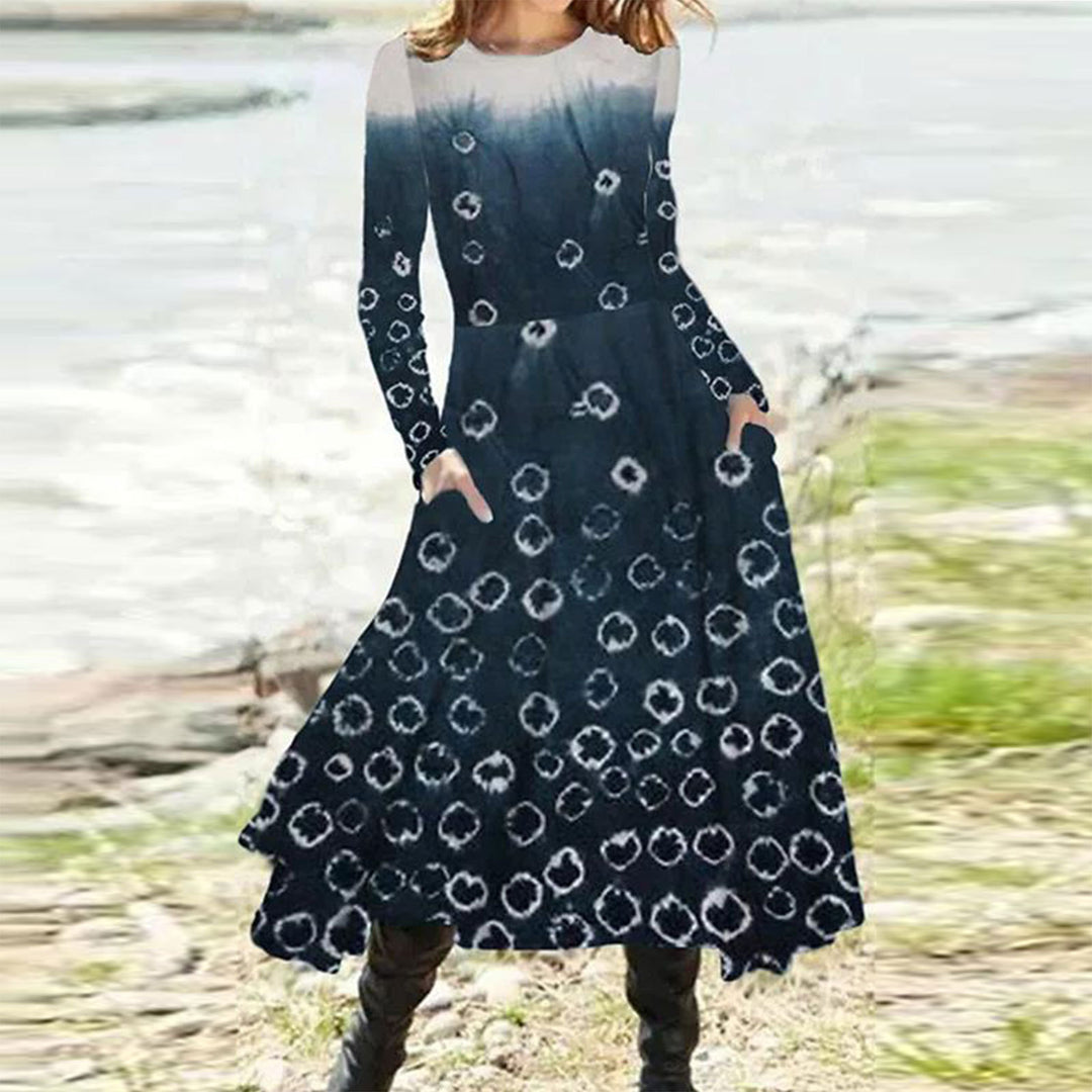 Damen nan fließendes Maxikleid mit Batikkreis-Muster, Rundhalsausschnitt, Taillennaht und Eingrifftaschen Drune