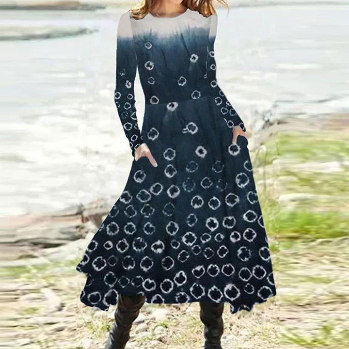 Damen nan fließendes Maxikleid mit Batikkreis-Muster, Rundhalsausschnitt, Taillennaht und Eingrifftaschen Drune