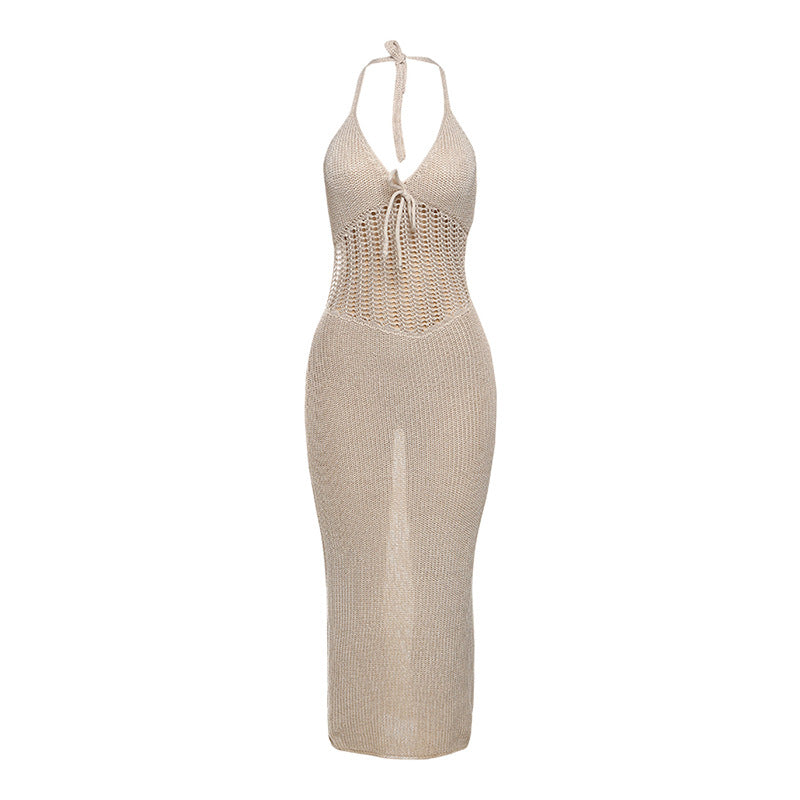 Damen Strick-Maxi-Kleid mit tiefem V-Ausschnitt und raffiniertem Knoten Drune