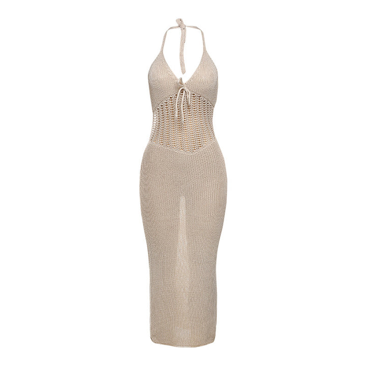 Damen Strick-Maxi-Kleid mit tiefem V-Ausschnitt und raffiniertem Knoten Drune