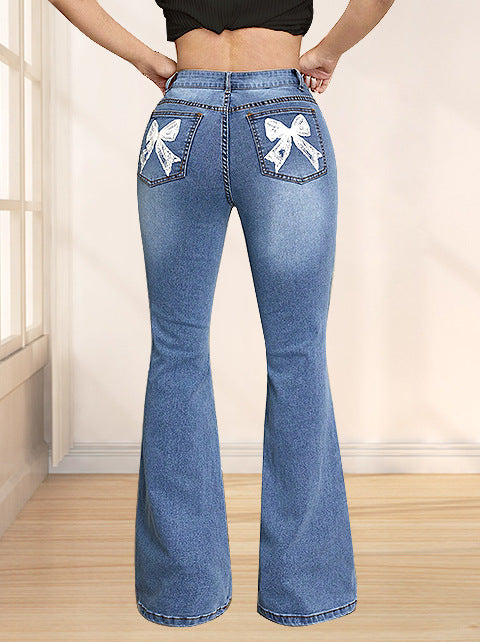 Damen Schlagjeans mit dekorativen Schleifen Drune