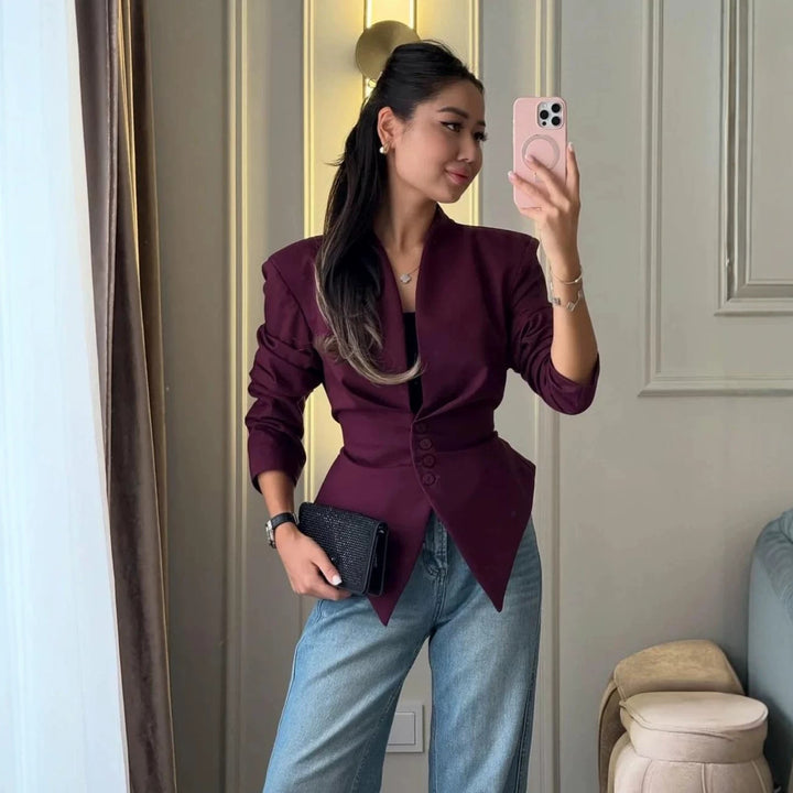 Damen Taillierter Blazer mit spitz zulaufendem Saum und tiefem V-Ausschnitt Drune