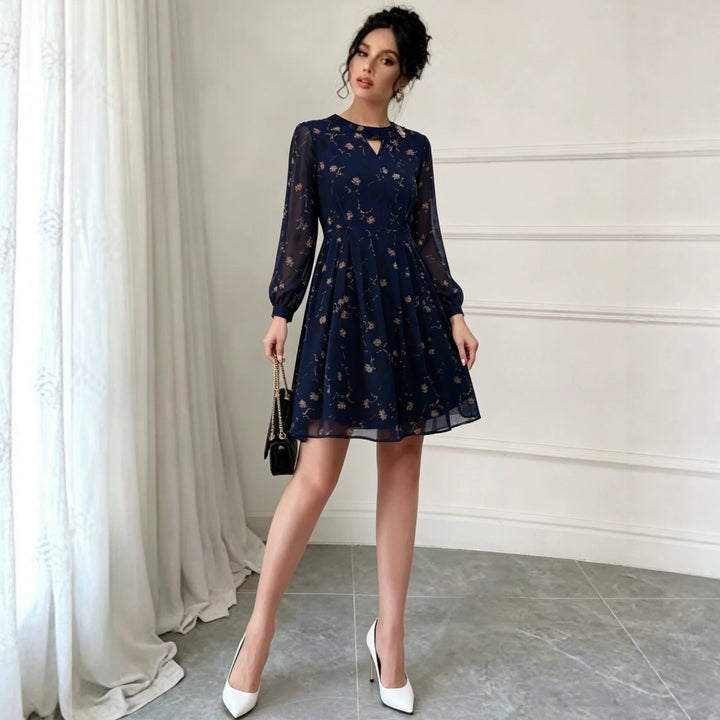 Damen Chiffon-Midikleid mit plissiertem Rock, transparenten Ärmeln und Zierbrosche Drune