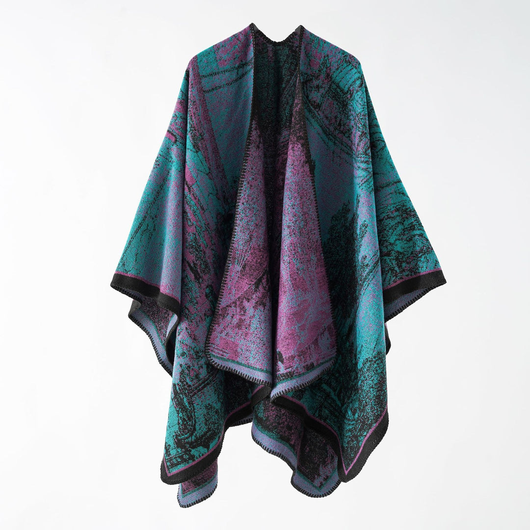 Damen Oversize-Ruana im kastigen Cape mit jacquardgewebter Struktur und weicher Wollmix Drune
