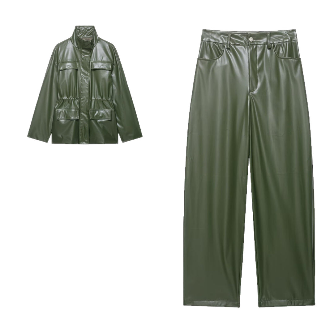 Damen Zweiteiliges PU-Leder-Ensemble mit Fieldjacke, Kordelzugtaillierung und High‑Waist Wide‑Leg Hose Drune