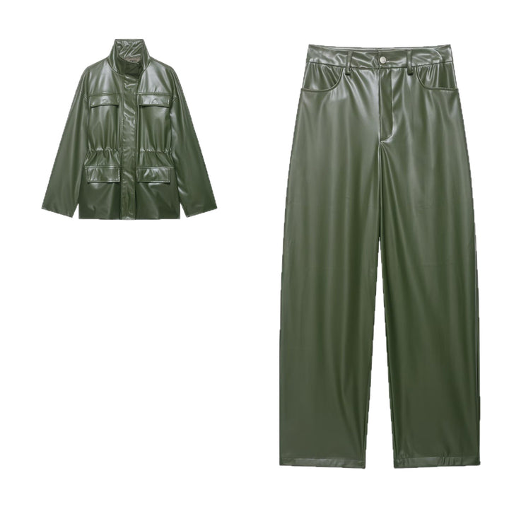 Damen Zweiteiliges PU-Leder-Ensemble mit Fieldjacke, Kordelzugtaillierung und High‑Waist Wide‑Leg Hose Drune