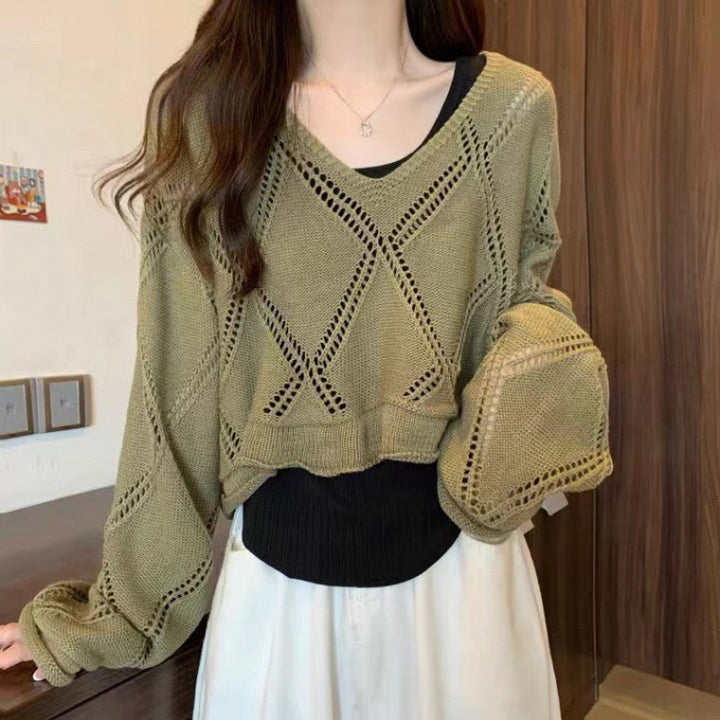Damen lässiger Strickpullover mit Luftmaschenmuster Drune