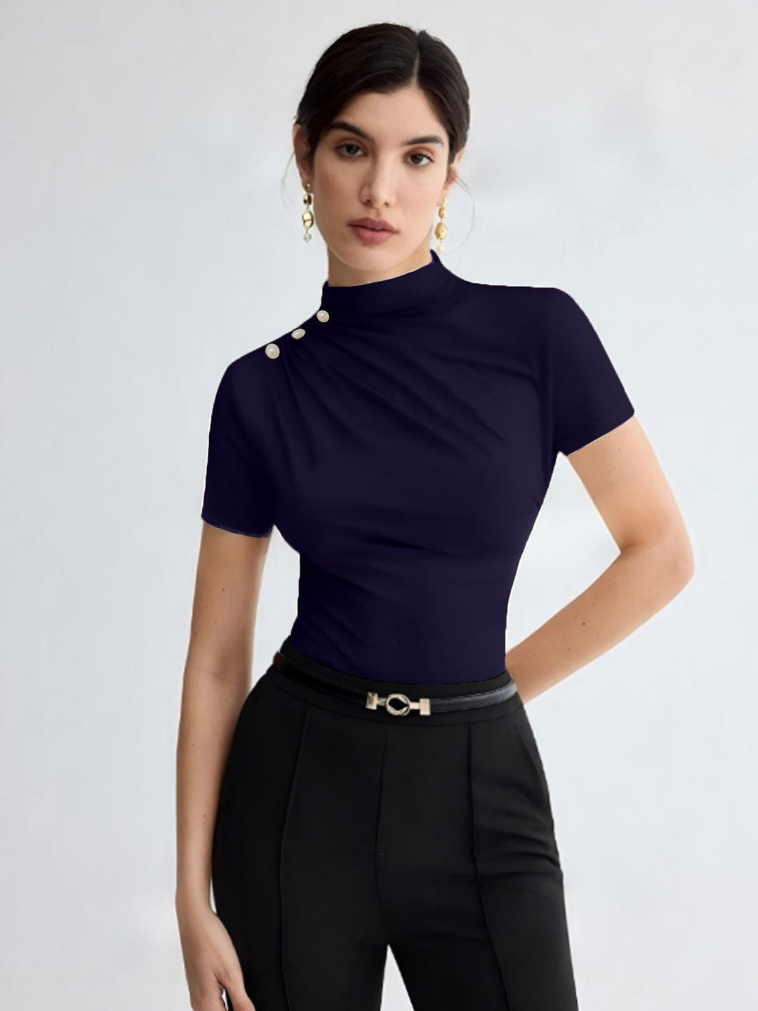 Damen elegantes Oberteil mit dekorativen Knopfdetails und modernem Stehkragen Drune