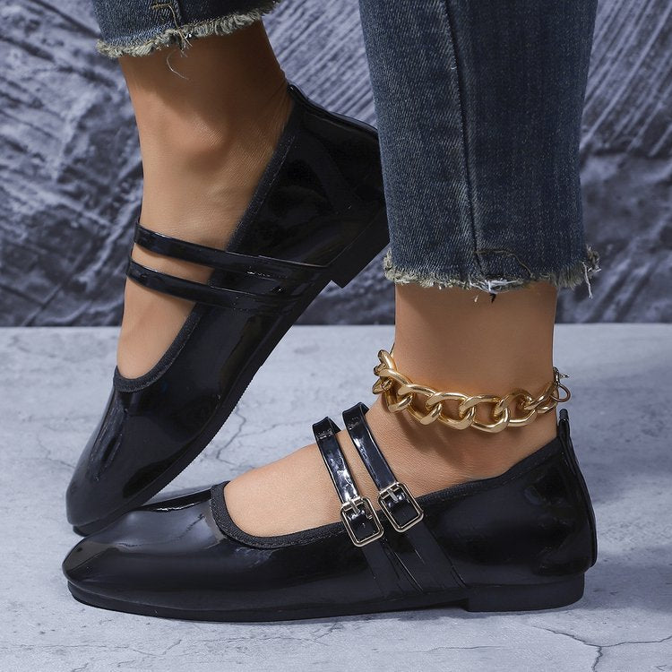 Damen Lack-Mary-Jane-Ballerina mit doppeltem Riemen und Metall-Schnallen Drune