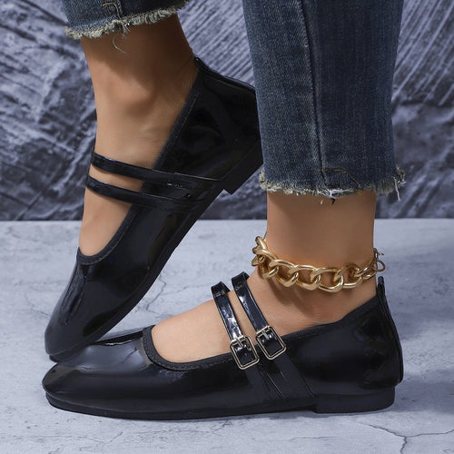 Damen Lack-Mary-Jane-Ballerina mit doppeltem Riemen und Metall-Schnallen Drune