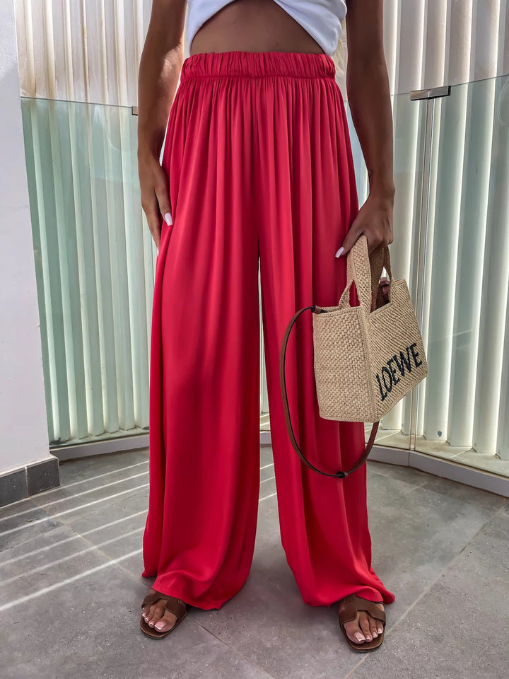 Damen weit geschnittene Palazzo-Hose mit hohem elastischem Bund und fließendem Jersey Drune