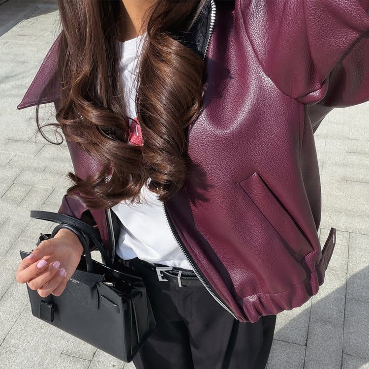 Damen Boxy-Kunstlederjacke mit durchgehendem Reißverschluss, Hemdkragen und leichtem Cropped-Cut Drune