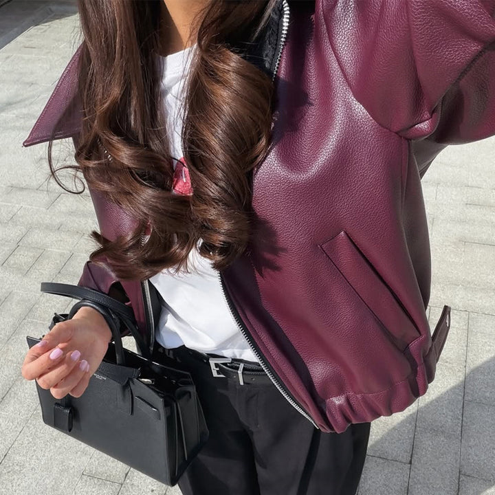 Damen Boxy-Kunstlederjacke mit durchgehendem Reißverschluss, Hemdkragen und leichtem Cropped-Cut Drune
